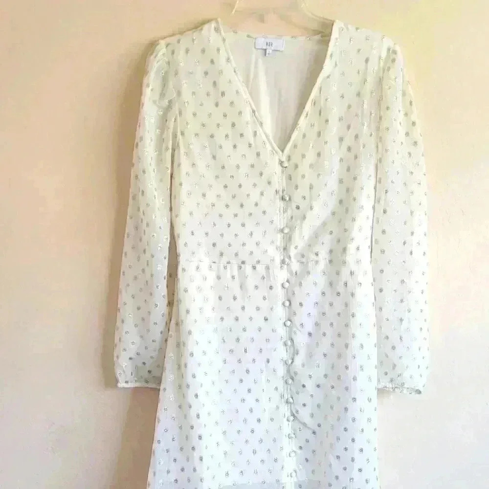 NSR NICOLA METALLIC DOT MIDI DRESS IN IVORY size large - Picture 5 of 14
